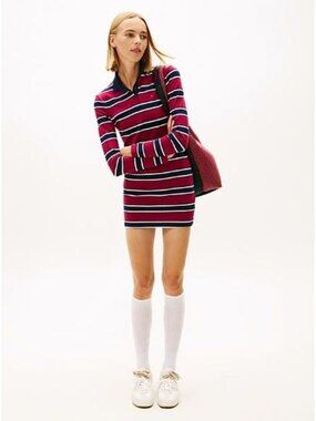 Tommy Jeans Polo Dress Size Small Mini Red Navy Stripe Pique Slim Long-Sleeve
